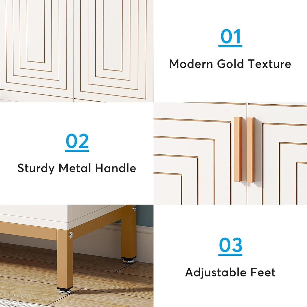 Meuble à chaussures pour 20 paires, meuble de rangement moderne de 95 cm avec portes, blanc et or.