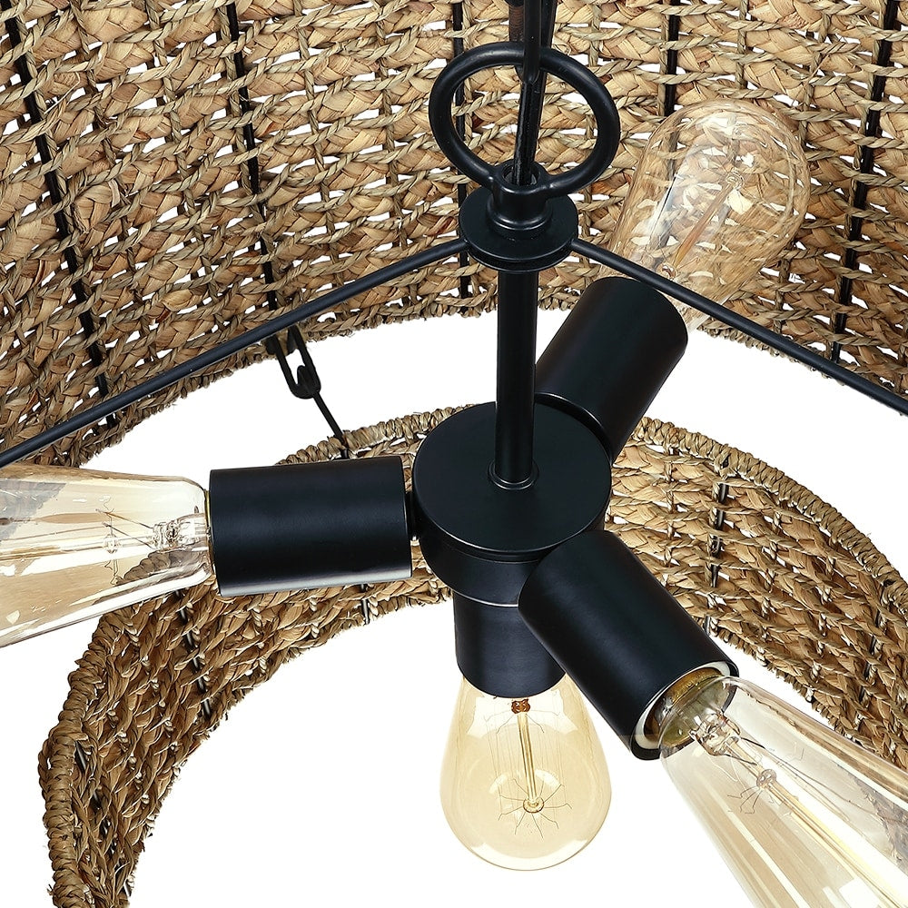 Suspension à 4 lumières en rotin naturel, style tambour traditionnel, avec abat-jour noir - Noir/terre - 50,8 cm de largeur