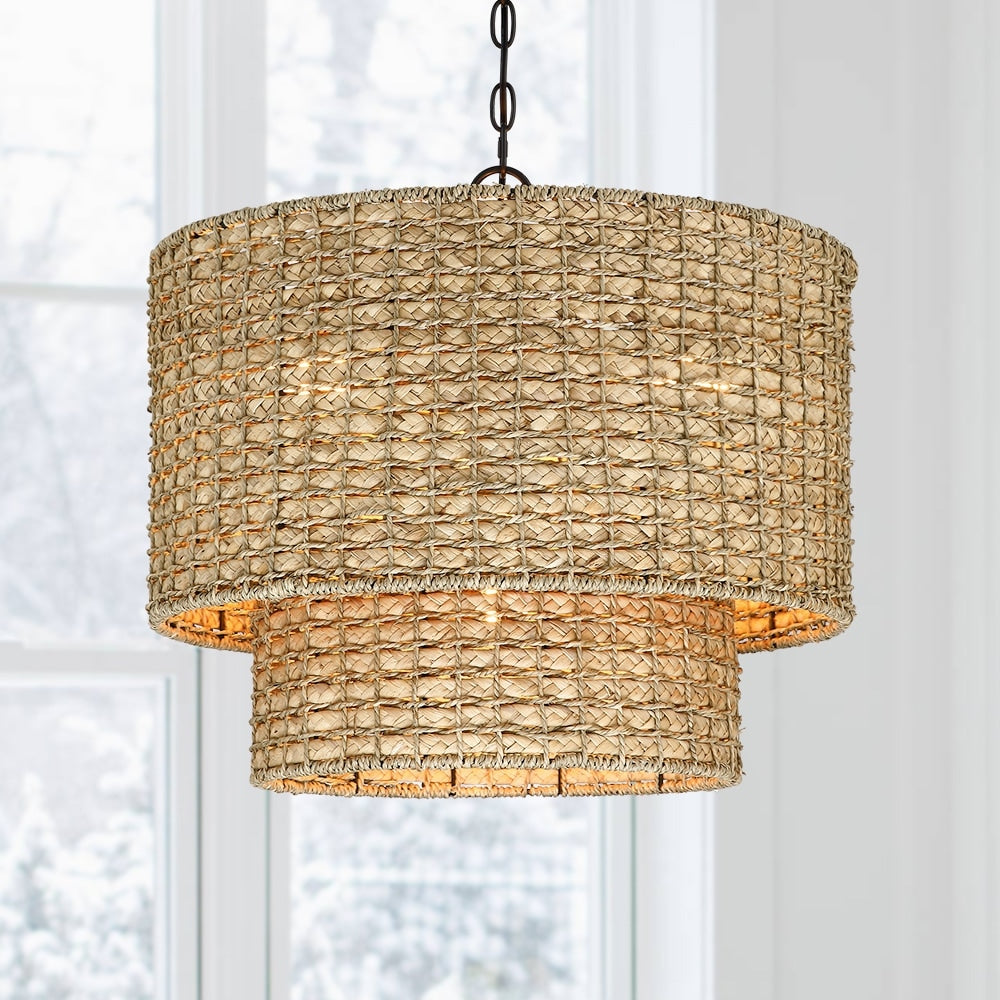 Suspension à 4 lumières en rotin naturel, style tambour traditionnel, avec abat-jour noir - Noir/terre - 50,8 cm de largeur