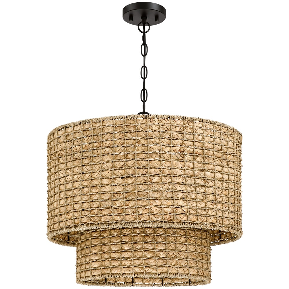 Suspension à 4 lumières en rotin naturel, style tambour traditionnel, avec abat-jour noir - Noir/terre - 50,8 cm de largeur