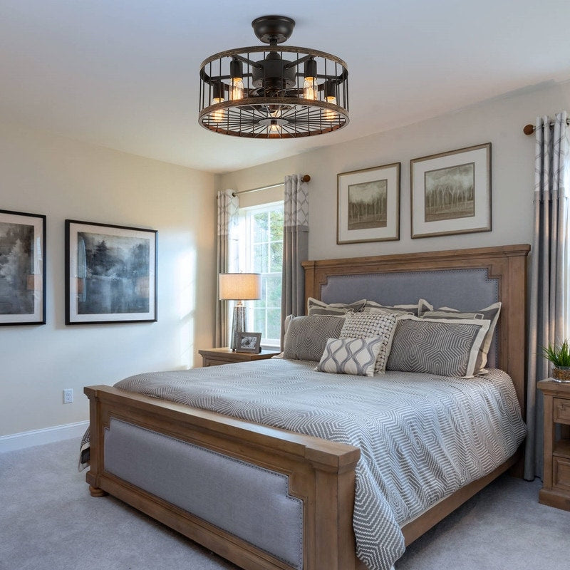 Ventilateur de plafond à faible encombrement de 20 pouces, style moderne et rustique, avec finition en bois, cage et éclairage, avec télécommande.