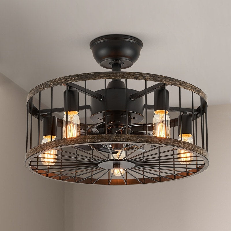 Ventilateur de plafond à faible encombrement de 20 pouces, style moderne et rustique, avec finition en bois, cage et éclairage, avec télécommande.