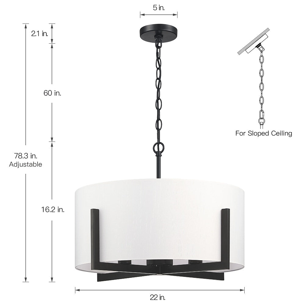 Suspension lumineuse à 4 lumières, 56 cm (22 po), noir mat, avec abat-jour blanc en forme de tambour - 22 W