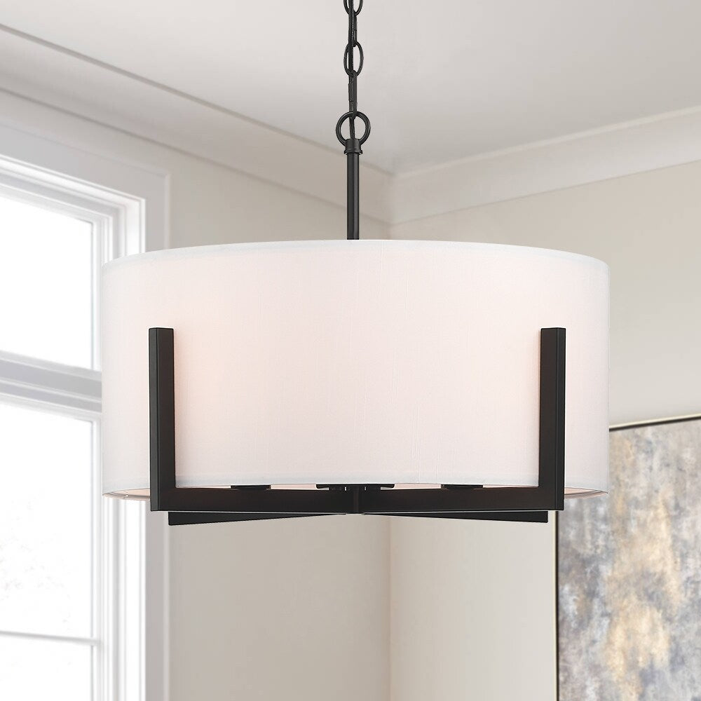 Suspension lumineuse à 4 lumières, 56 cm (22 po), noir mat, avec abat-jour blanc en forme de tambour - 22 W