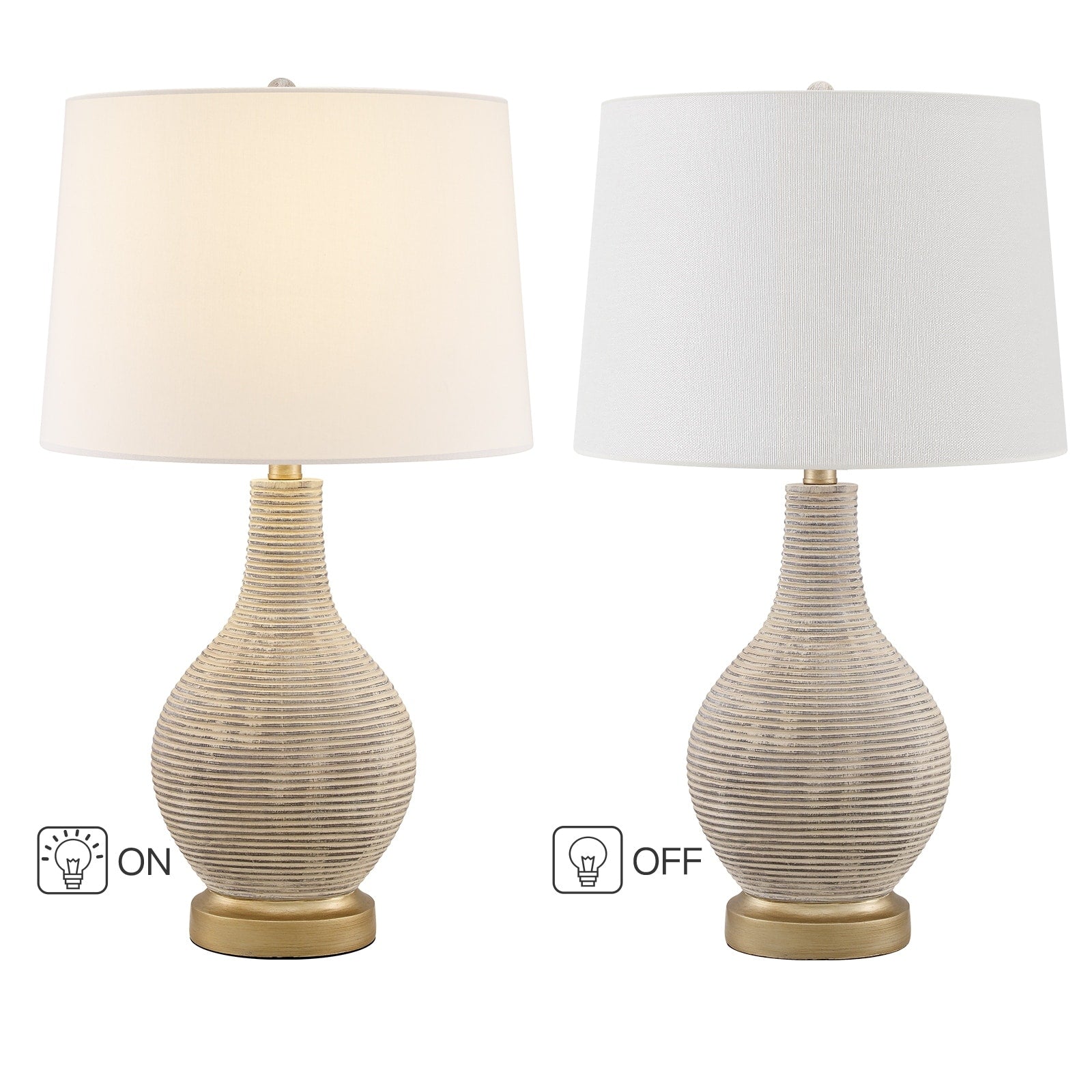 Lampe de table de style farmhouse de 62 cm (24,5 pouces) en beige lavé/doré avec abat-jour en lin blanc (lot de 2) - 62 cm (24,5 pouces) de hauteur