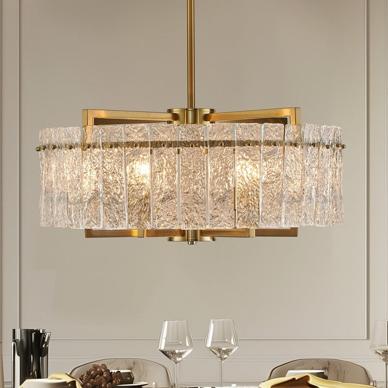 Luminaire suspendu à 6 lumières, style moderne, doré, en forme de tambour, avec cristaux, abat-jour en verre dépoli, pour salle à manger, cuisine, îlot central, 65 cm (26 po)