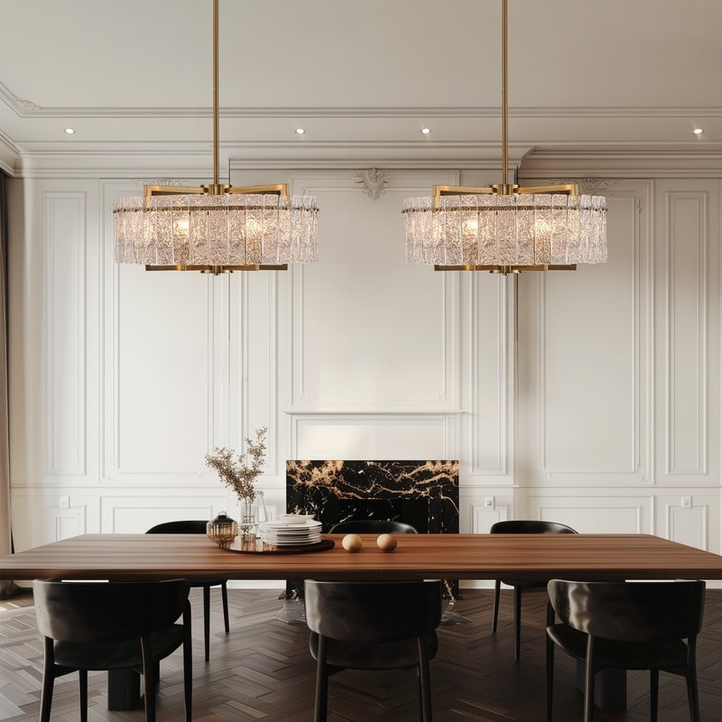 Luminaire suspendu à 6 lumières, style moderne, doré, en forme de tambour, avec cristaux, abat-jour en verre dépoli, pour salle à manger, cuisine, îlot central, 65 cm (26 po)