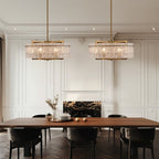 Luminaire suspendu à 6 lumières, style moderne, doré, en forme de tambour, avec cristaux, abat-jour en verre dépoli, pour salle à manger, cuisine, îlot central, 65 cm (26 po)