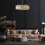 Luminaire suspendu à 6 lumières, style moderne, doré, en forme de tambour, avec cristaux, abat-jour en verre dépoli, pour salle à manger, cuisine, îlot central, 65 cm (26 po)