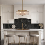 Luminaire suspendu à 6 lumières, style moderne, doré, en forme de tambour, avec cristaux, abat-jour en verre dépoli, pour salle à manger, cuisine, îlot central, 65 cm (26 po)