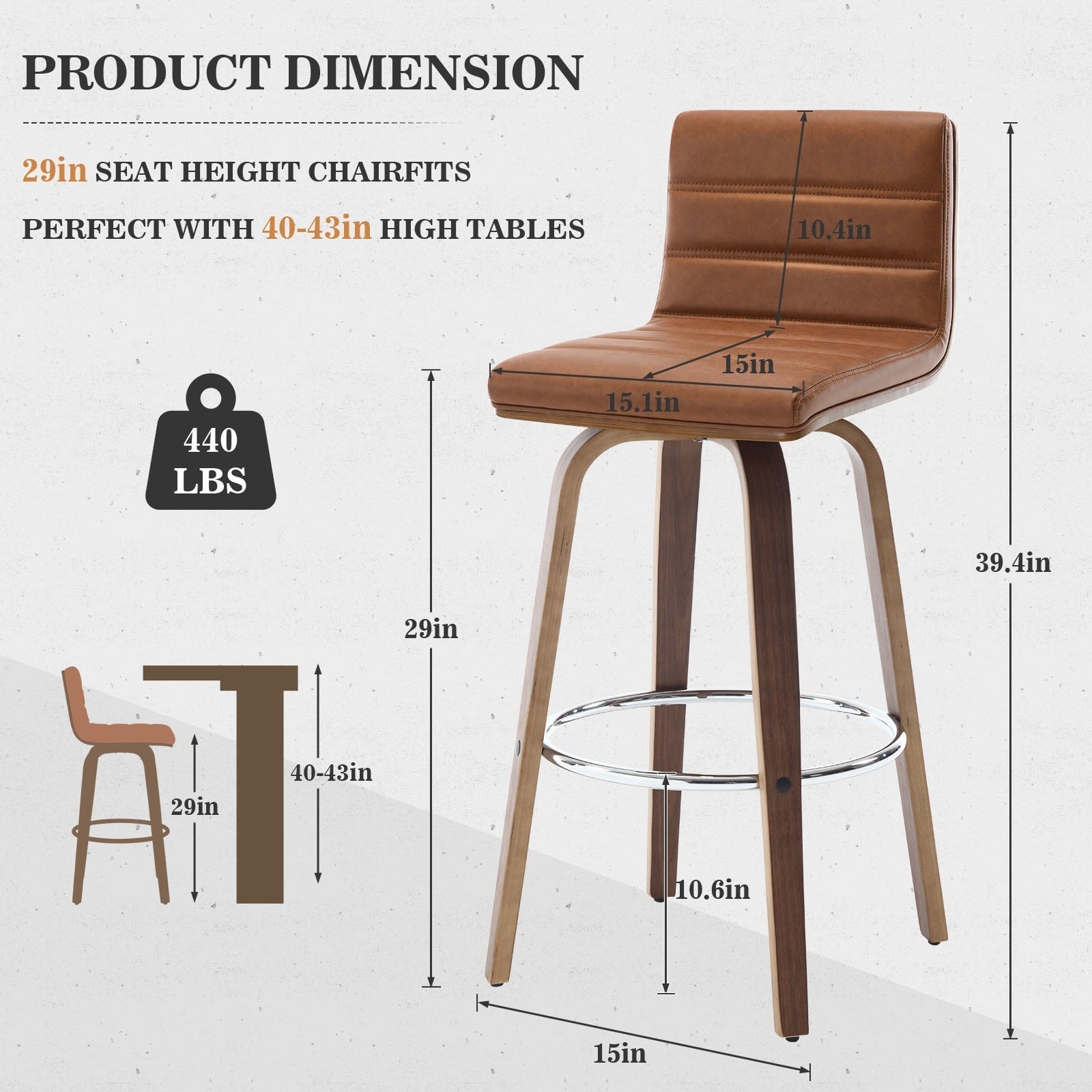 Tabourets de bar/hauts-sièges pivotants en simili cuir 26/29, lot de 2/3