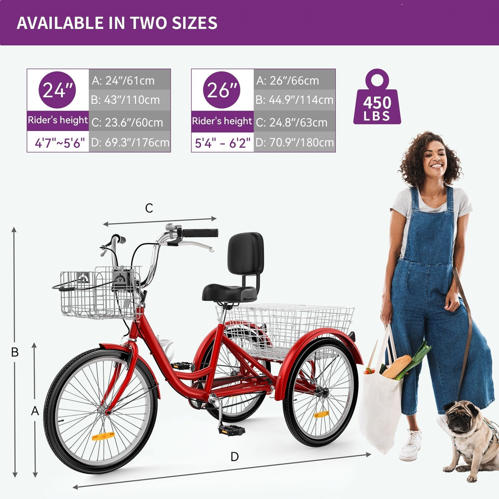 26 Tricycles bleus pour adultes, vélos à 3 roues avec paniers amovibles