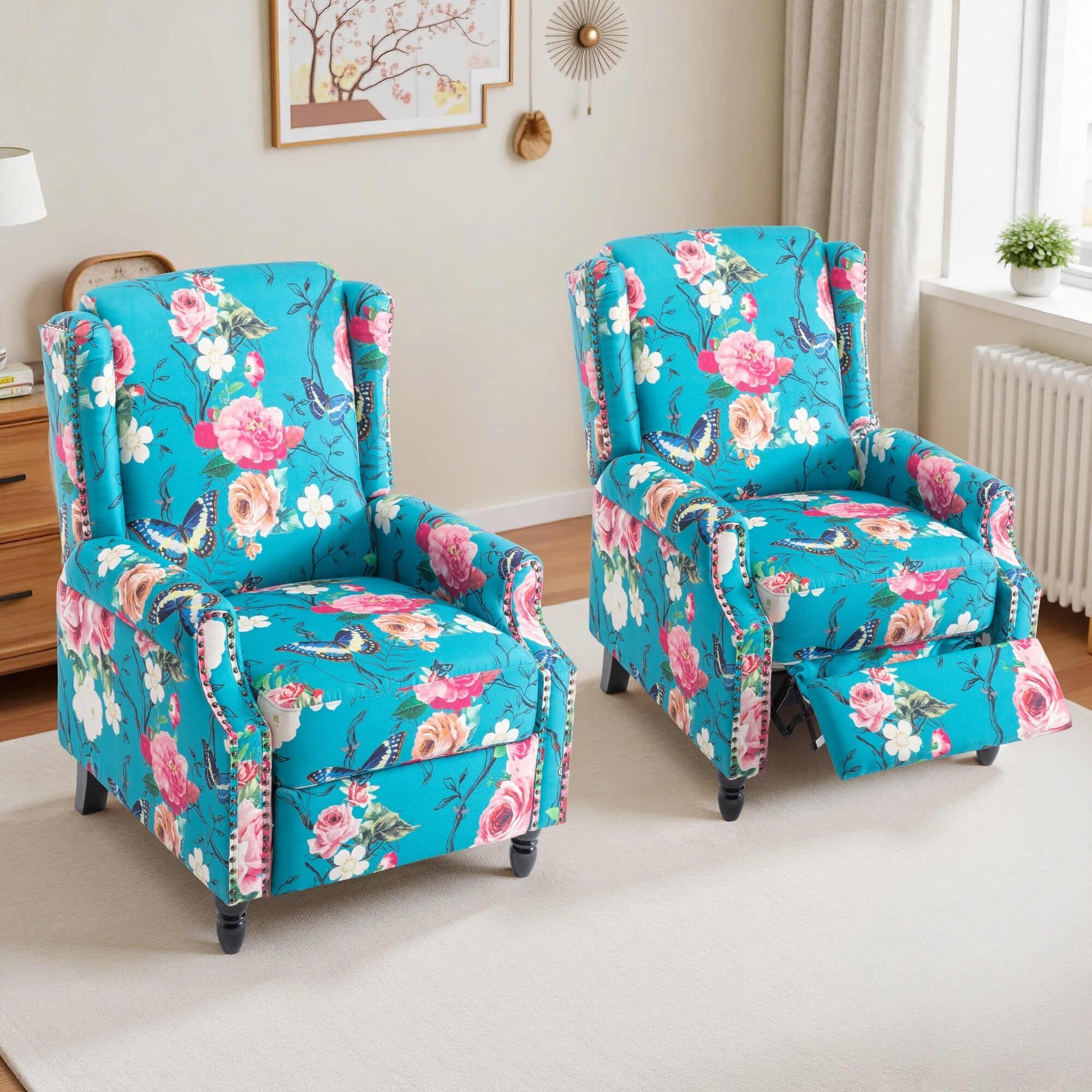 Ensemble de 2 fauteuils inclinables manuels à motif floral vintage de 74 cm de large