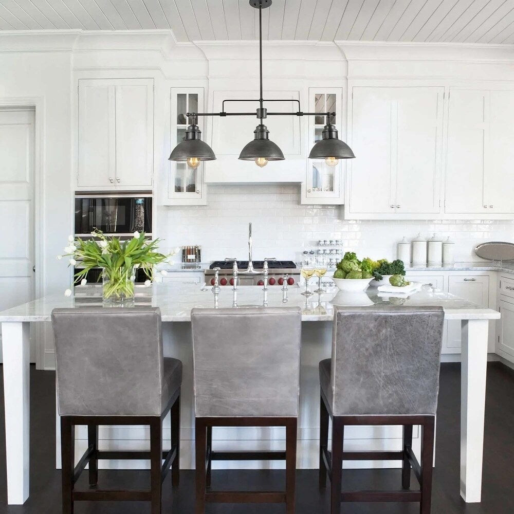 Suspension à 3 lumières à dôme de style industriel et rustique, en métal, pour îlot de cuisine, finition bronze huilé.