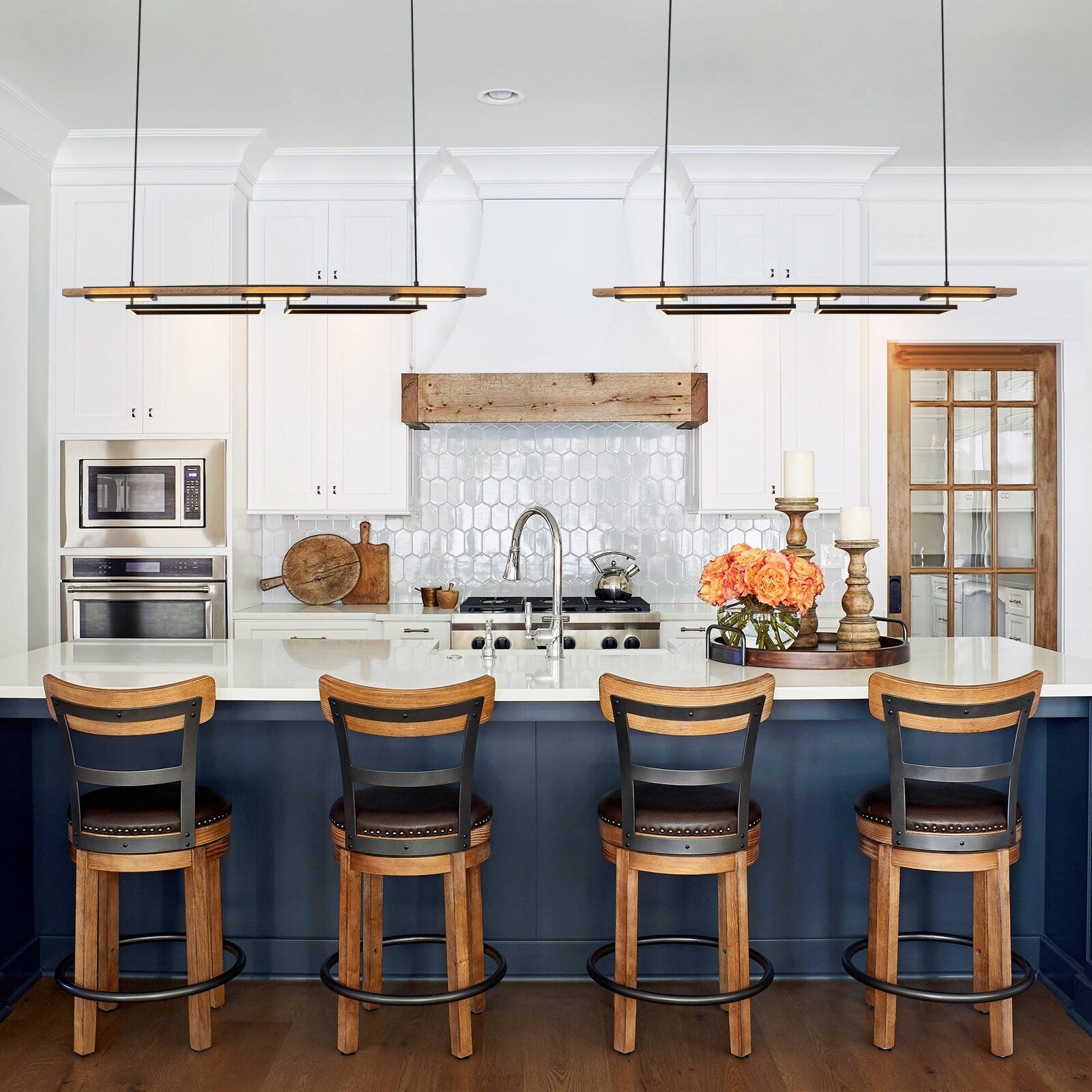 Suspension à LED intégrée linéaire en bois à 3/5 lumières pour îlot de cuisine