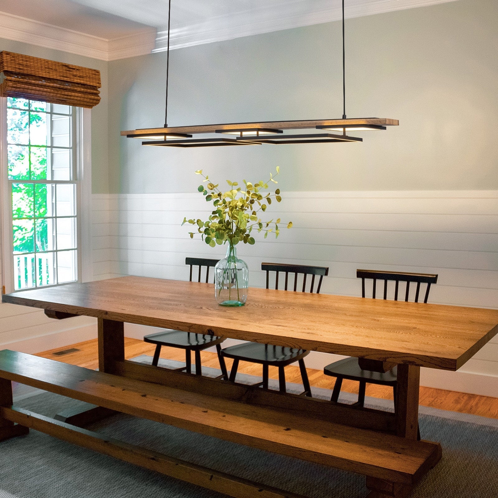 Suspension à LED intégrée linéaire en bois à 3/5 lumières pour îlot de cuisine