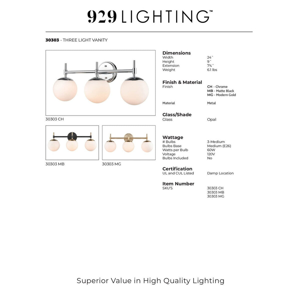 929 Lighting Lustre de salle de bain à 3 lumières avec finitions multiples et abat-jours en verre opale