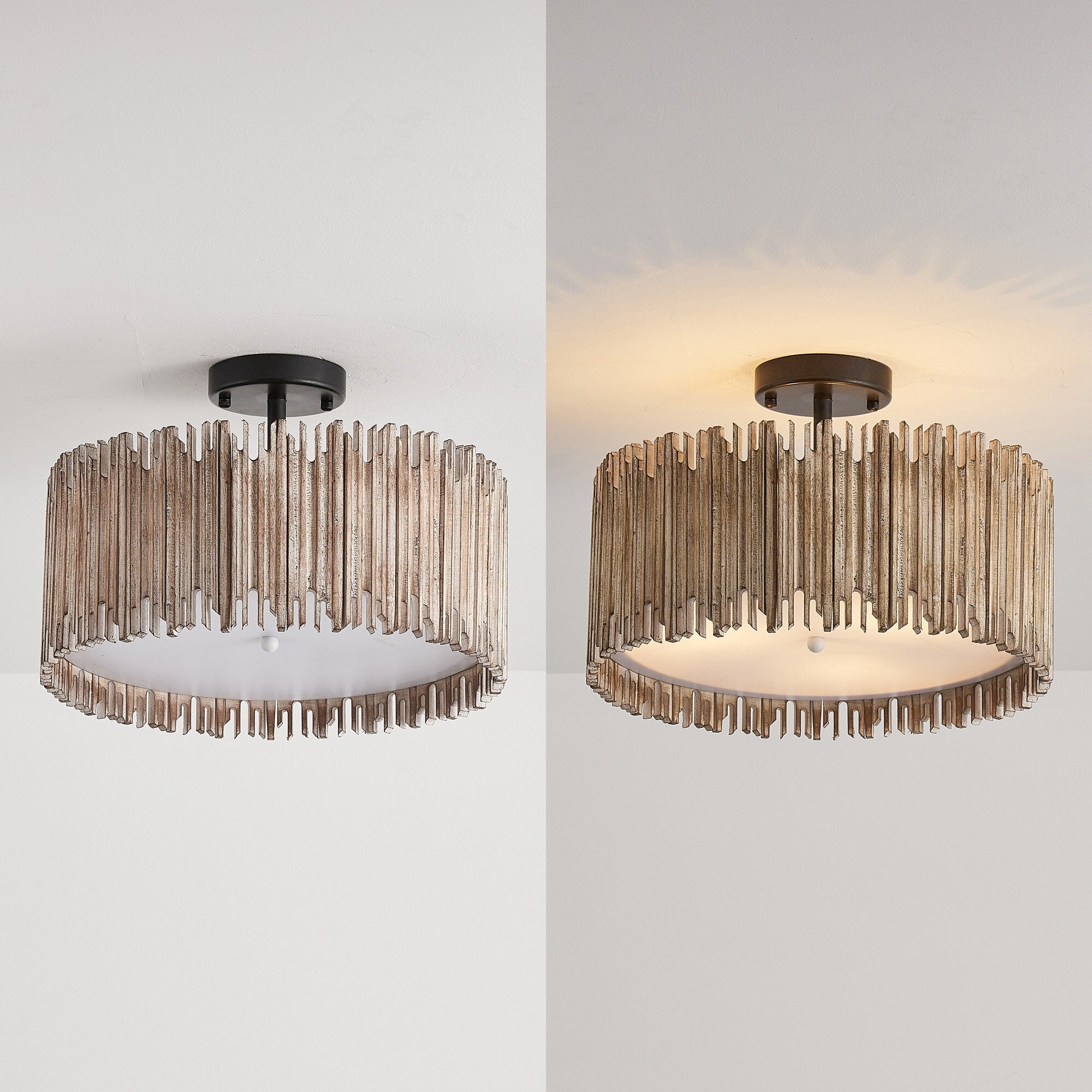 Suspension à 3 lumières en bois blanc vieilli, style tambour, à fixer au plafond