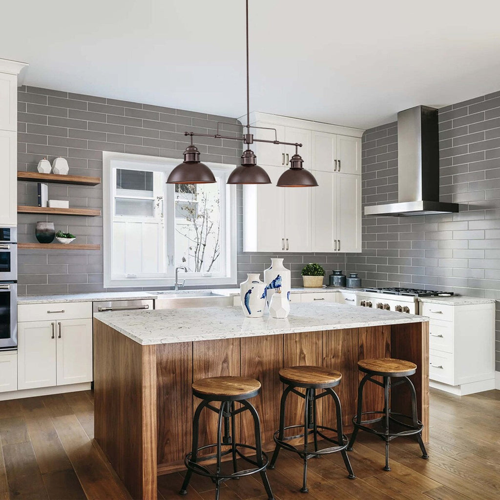 Suspension à 3 lumières à dôme de style industriel et rustique, en métal, pour îlot de cuisine, finition bronze huilé.