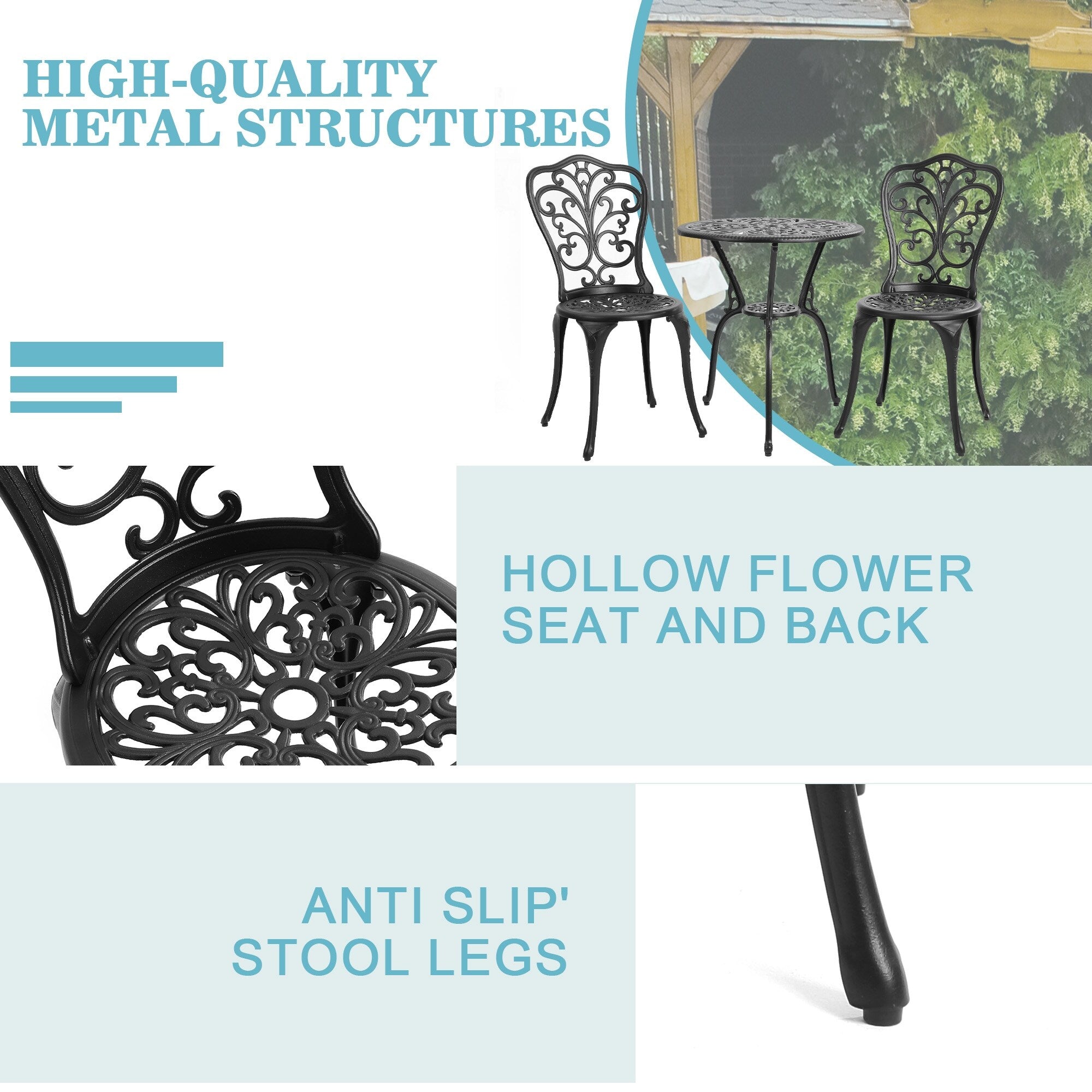 Ensemble table et chaises papillon d'extérieur en aluminium 3 pièces avec trou pour parasol