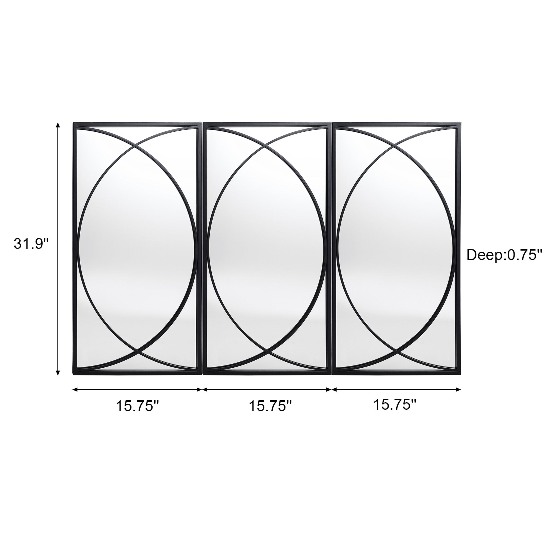 Ensemble de 3 miroirs rectangulaires muraux en métal noir - 80,5 H x 40 L x 1,9 l (cm)