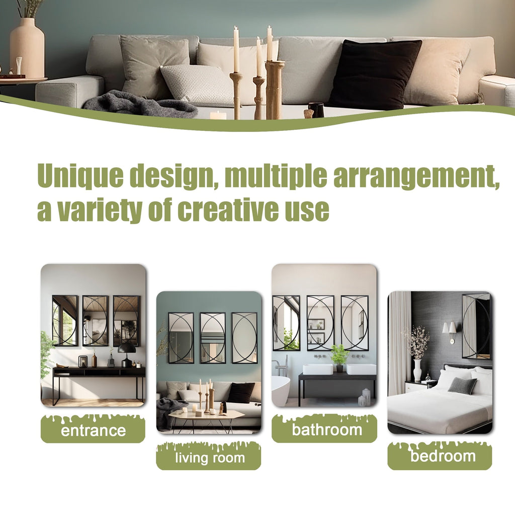 Ensemble de 3 miroirs rectangulaires muraux en métal noir - 80,5 H x 40 L x 1,9 l (cm)