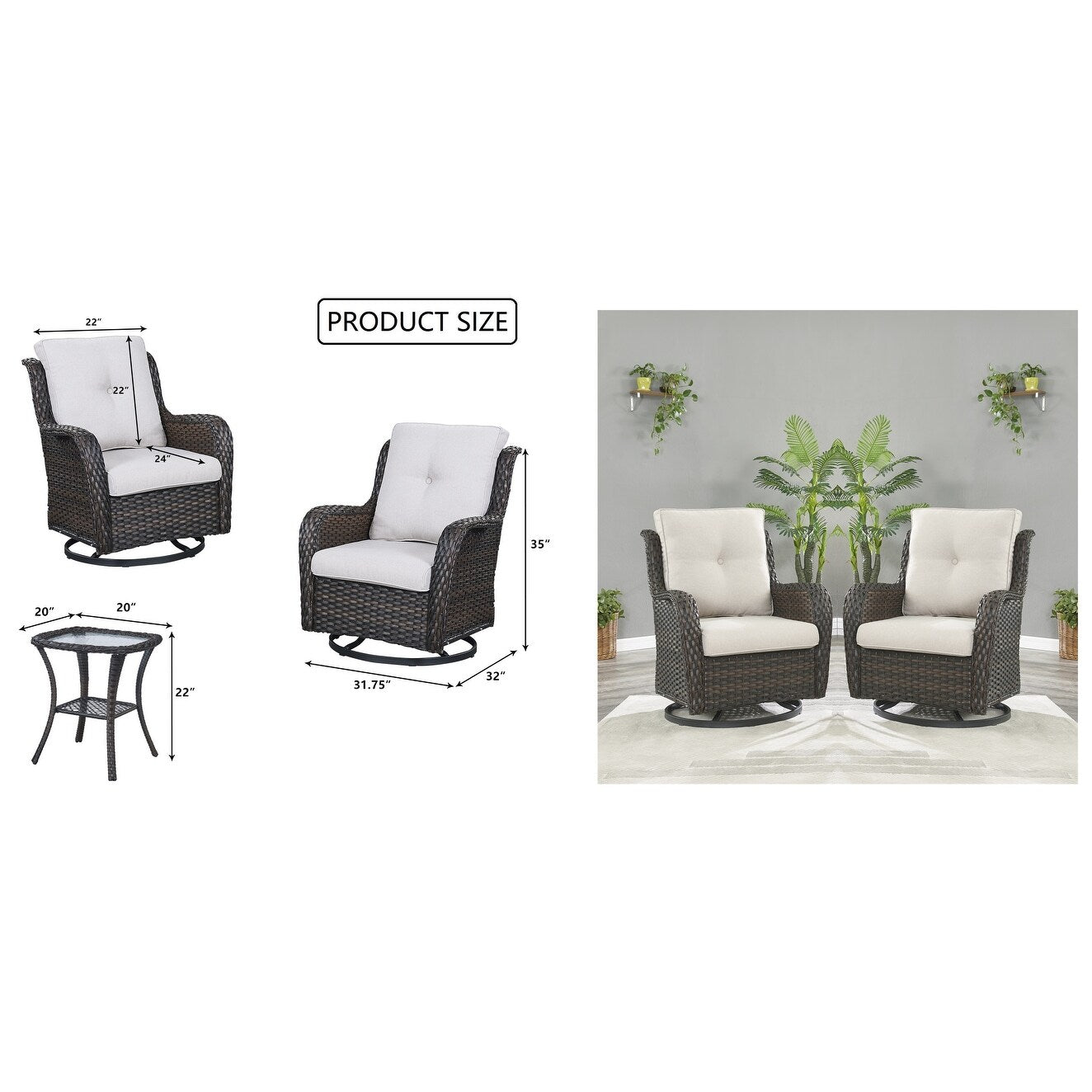 Gymojoy Ensemble de 3 pièces en rotin pour extérieur, chaise basculante pivotante avec coussin et table.