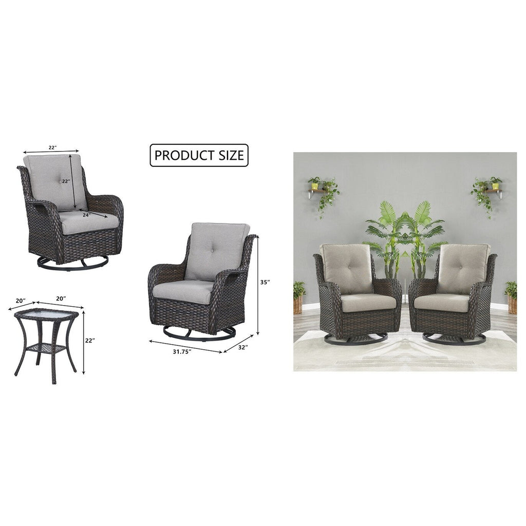 Gymojoy Ensemble de 3 pièces en rotin pour extérieur, chaise basculante pivotante avec coussin et table.