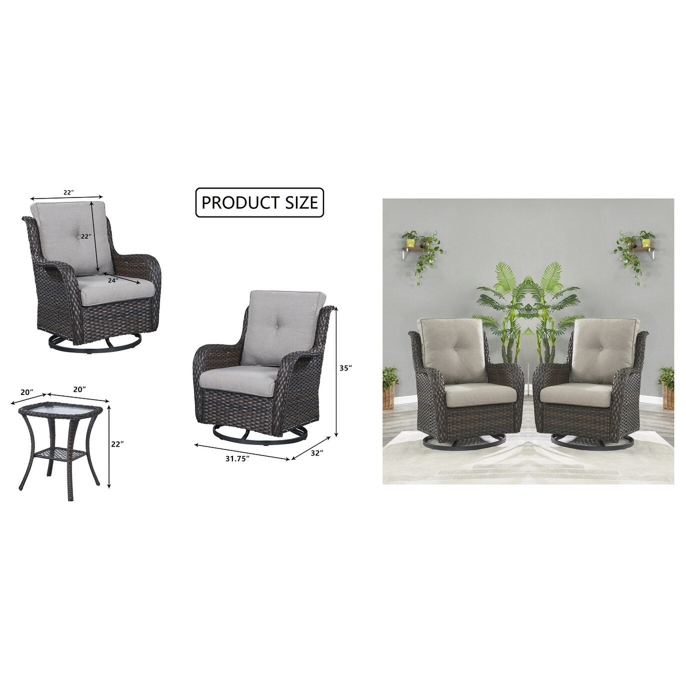 Gymojoy Ensemble de 3 pièces en rotin pour extérieur, chaise basculante pivotante avec coussin et table.