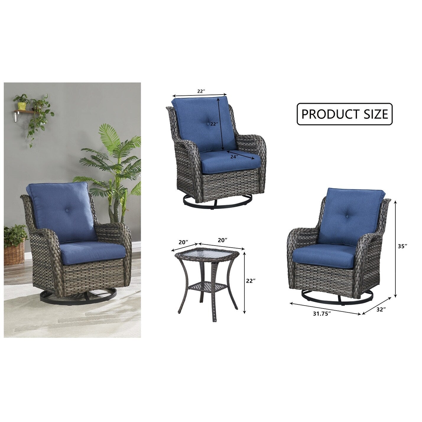 Gymojoy Ensemble de 3 pièces en rotin pour extérieur, chaise basculante pivotante avec coussin et table.