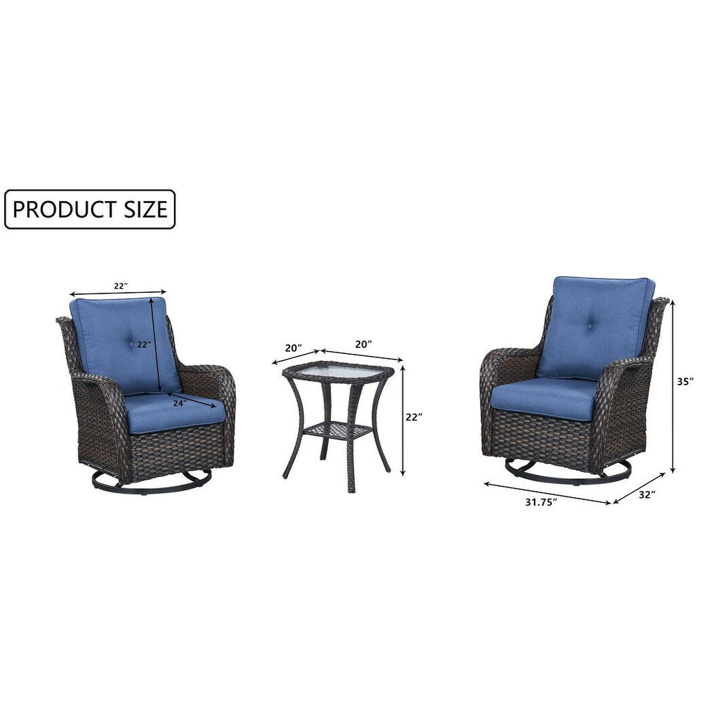 Gymojoy Ensemble de 3 pièces en rotin pour extérieur, chaise basculante pivotante avec coussin et table.