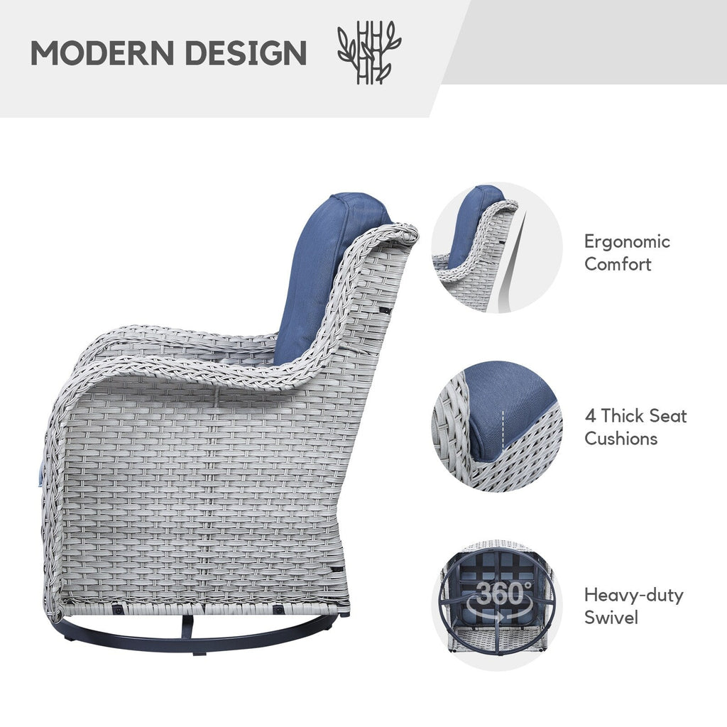 Gymojoy Ensemble de 3 pièces en rotin pour extérieur, chaise basculante pivotante avec coussin et table.