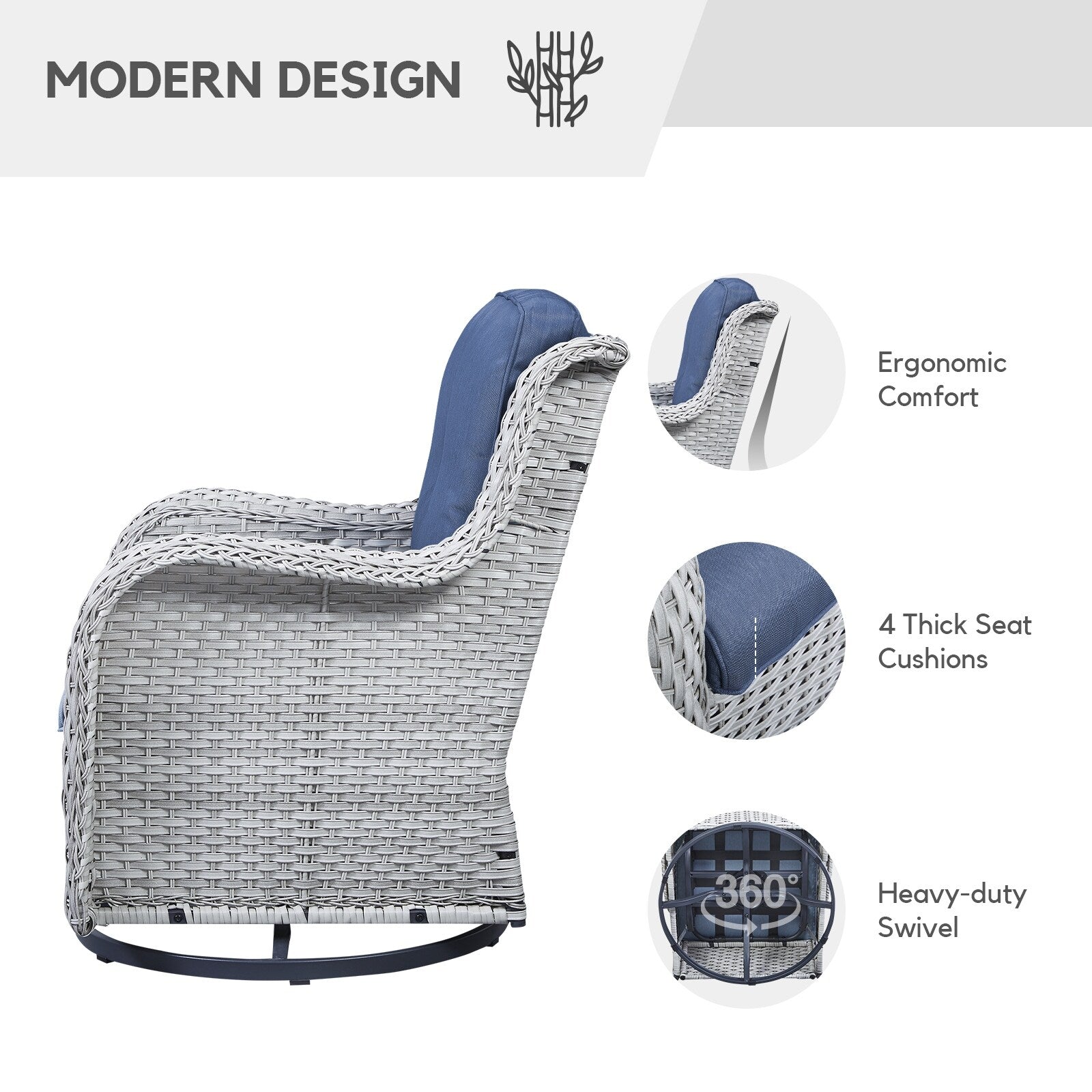 Gymojoy Ensemble de 3 pièces en rotin pour extérieur, chaise basculante pivotante avec coussin et table.