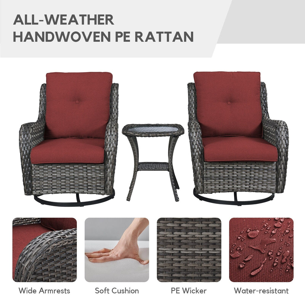 Gymojoy Ensemble de 3 pièces en rotin pour extérieur, chaise basculante pivotante avec coussin et table.