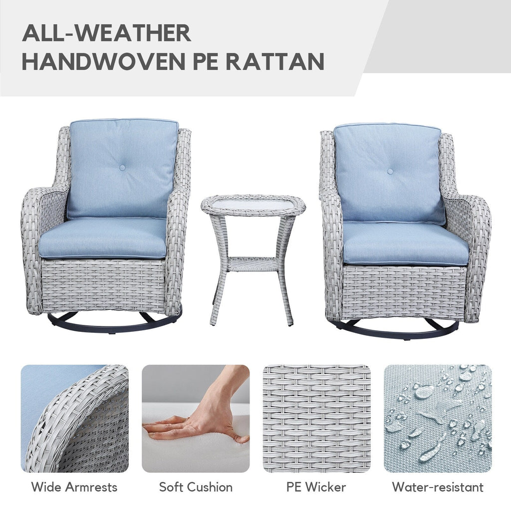 Gymojoy Ensemble de 3 pièces en rotin pour extérieur, chaise basculante pivotante avec coussin et table.