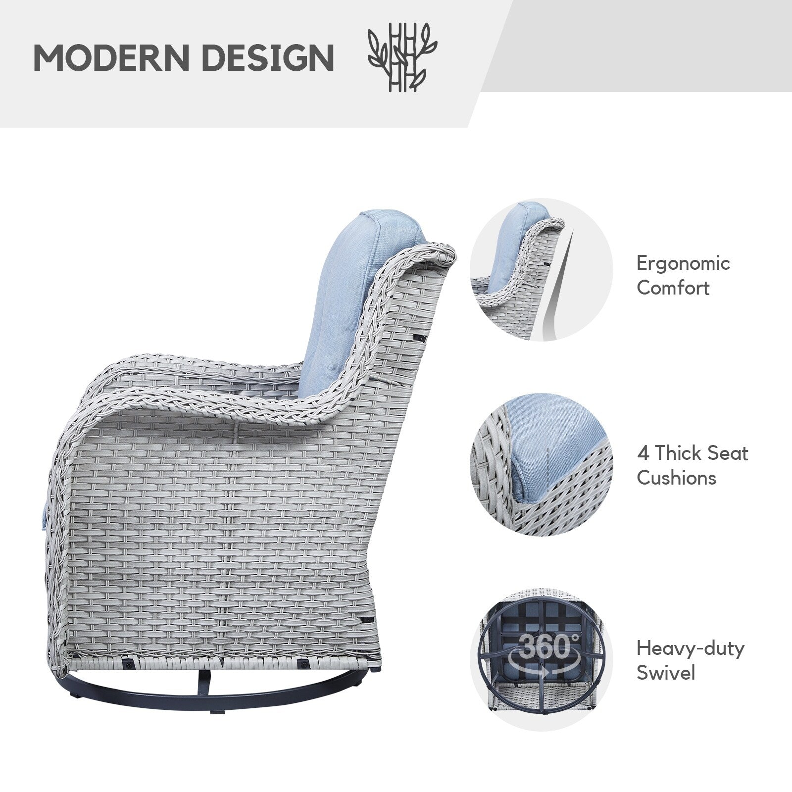 Gymojoy Ensemble de 3 pièces en rotin pour extérieur, chaise basculante pivotante avec coussin et table.