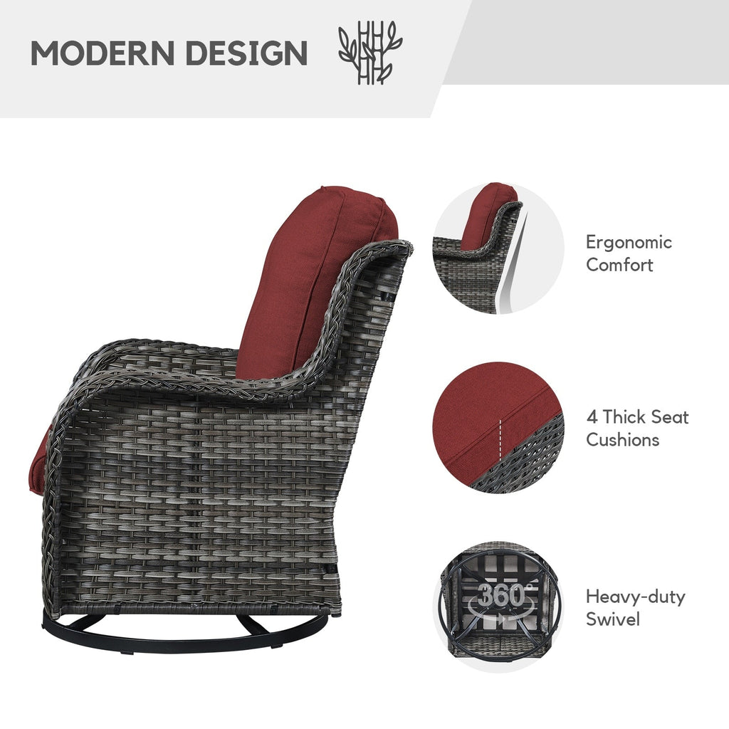 Gymojoy Ensemble de 3 pièces en rotin pour extérieur, chaise basculante pivotante avec coussin et table.