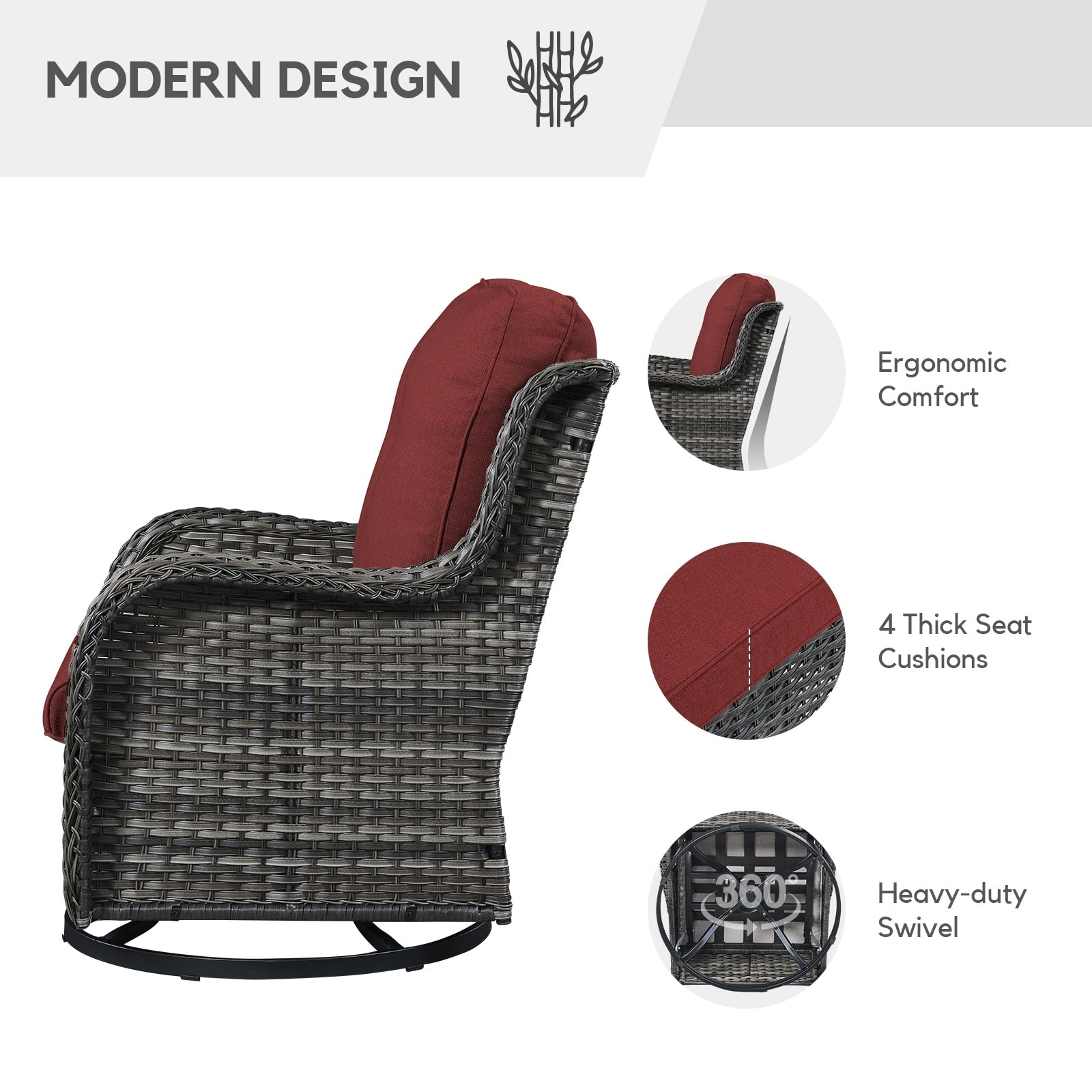 Gymojoy Ensemble de 3 pièces en rotin pour extérieur, chaise basculante pivotante avec coussin et table.