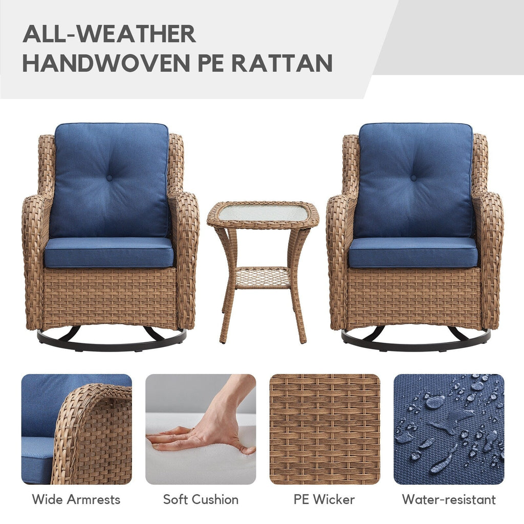 Gymojoy Ensemble de 3 pièces en rotin pour extérieur, chaise basculante pivotante avec coussin et table.