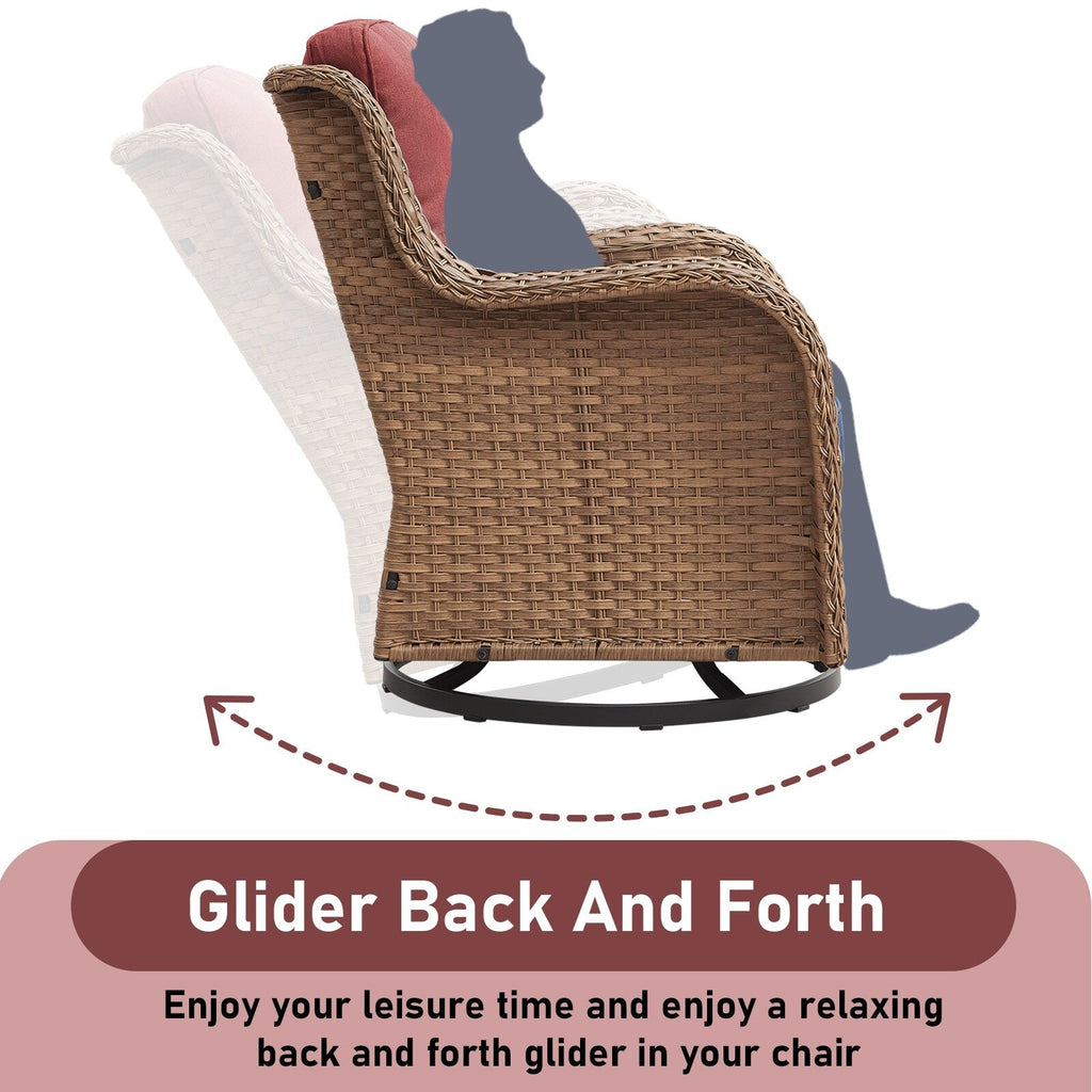 Gymojoy Ensemble de 3 pièces en rotin pour extérieur, chaise basculante pivotante avec coussin et table.