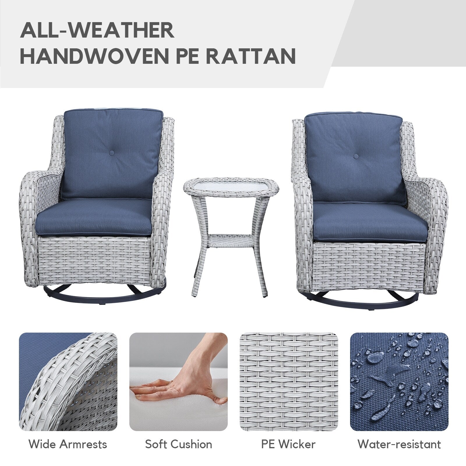 Gymojoy Ensemble de 3 pièces en rotin pour extérieur, chaise basculante pivotante avec coussin et table.