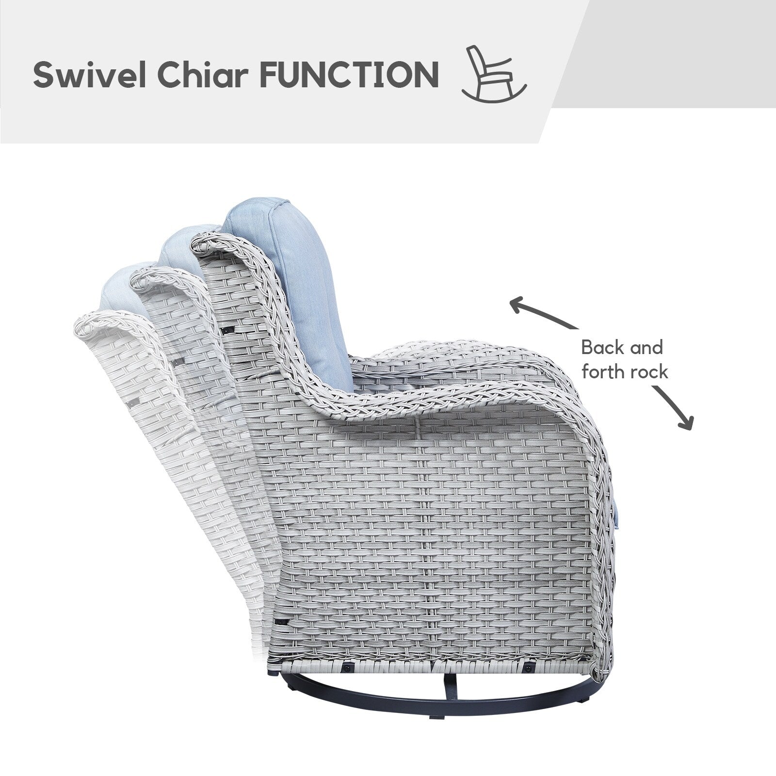 Gymojoy Ensemble de 3 pièces en rotin pour extérieur, chaise basculante pivotante avec coussin et table.