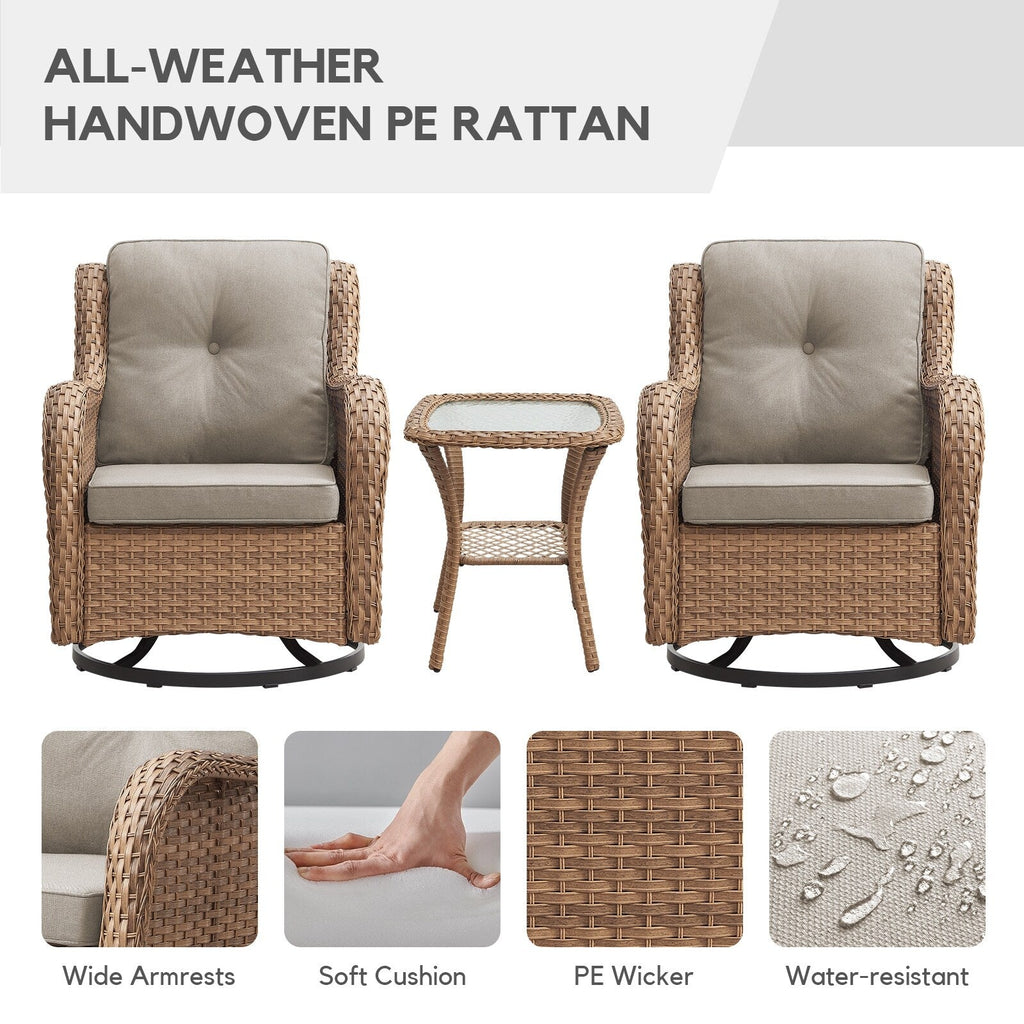 Gymojoy Ensemble de 3 pièces en rotin pour extérieur, chaise basculante pivotante avec coussin et table.