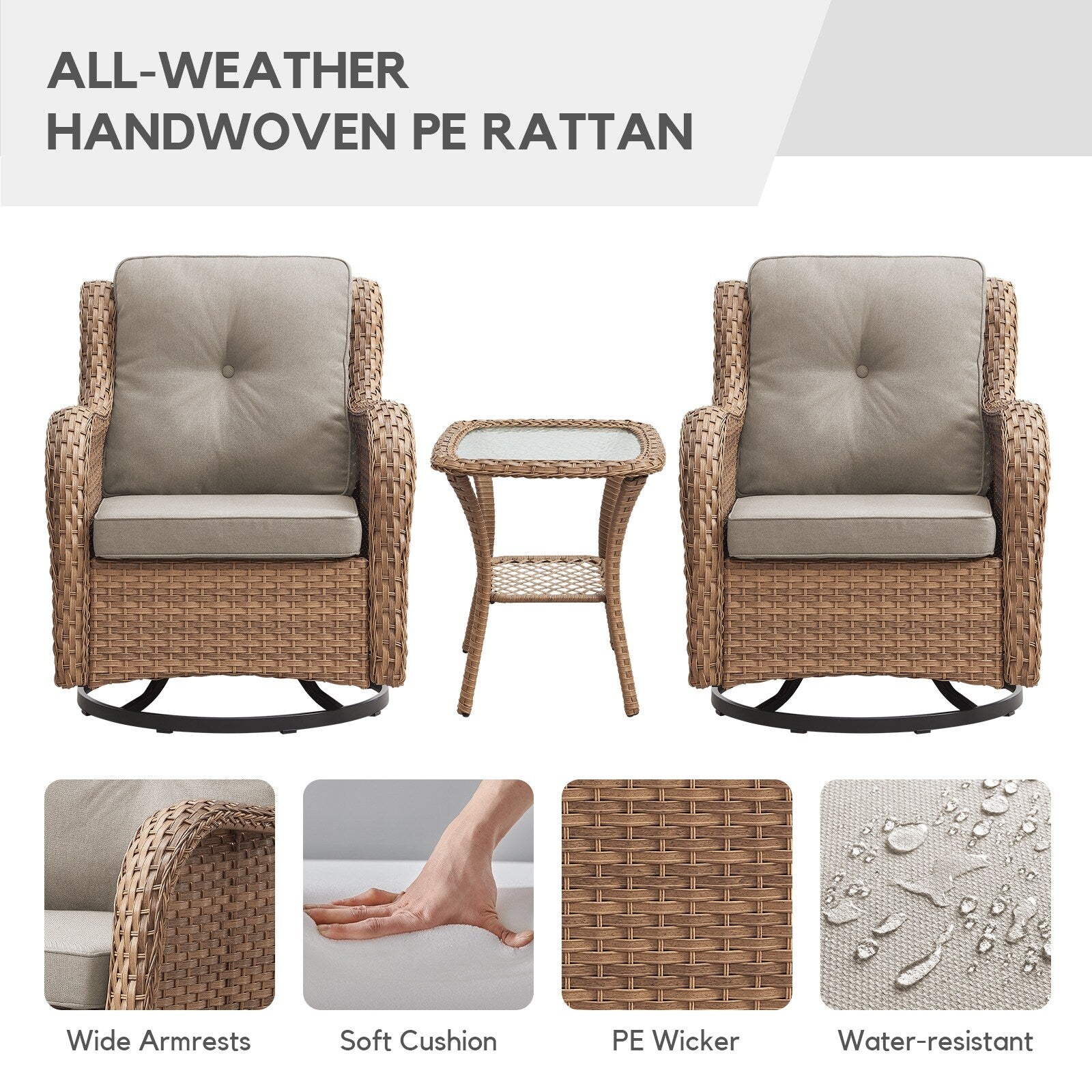 Gymojoy Ensemble de 3 pièces en rotin pour extérieur, chaise basculante pivotante avec coussin et table.