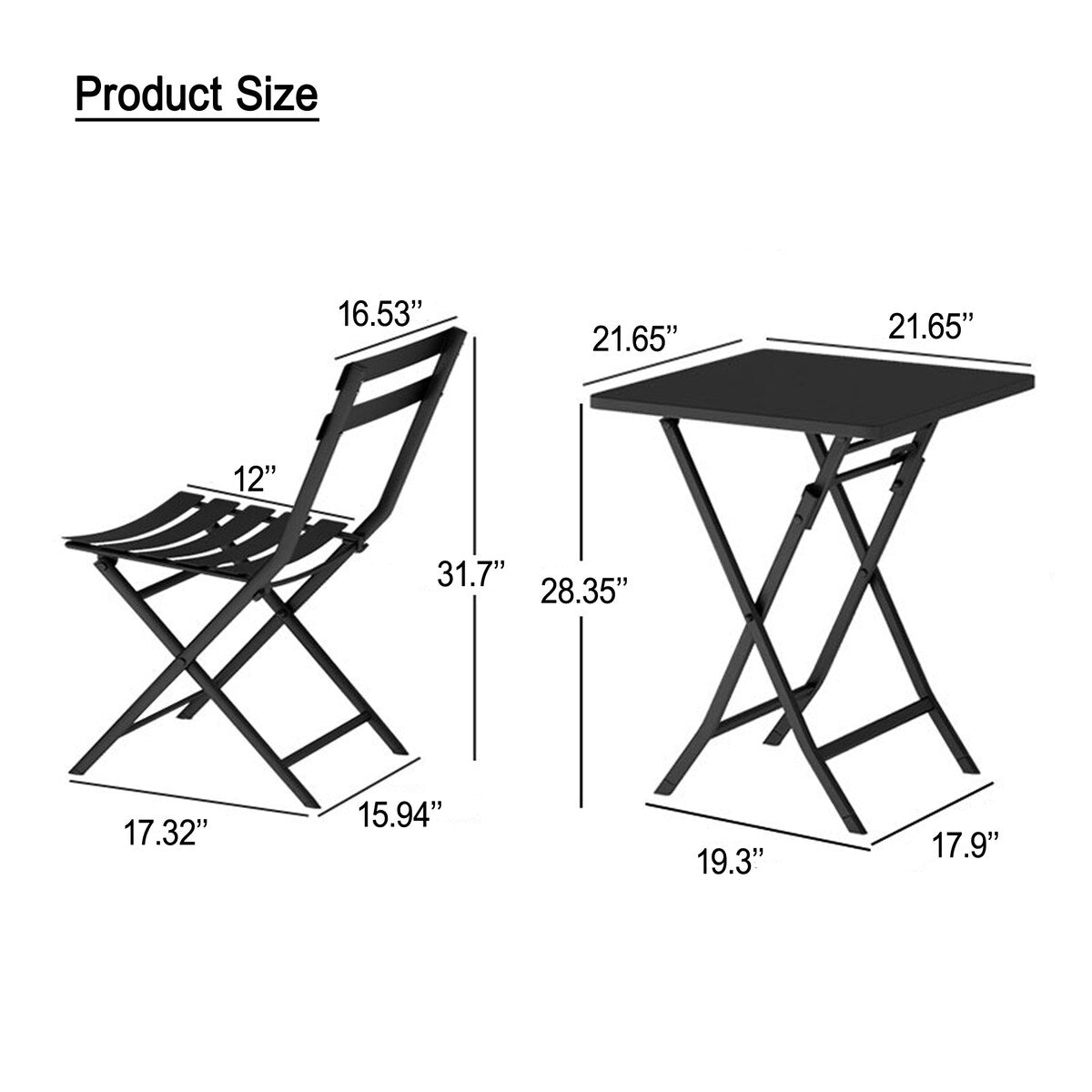 Ensemble bistro minimaliste 3 pièces pour patio : table carrée pliable et chaises