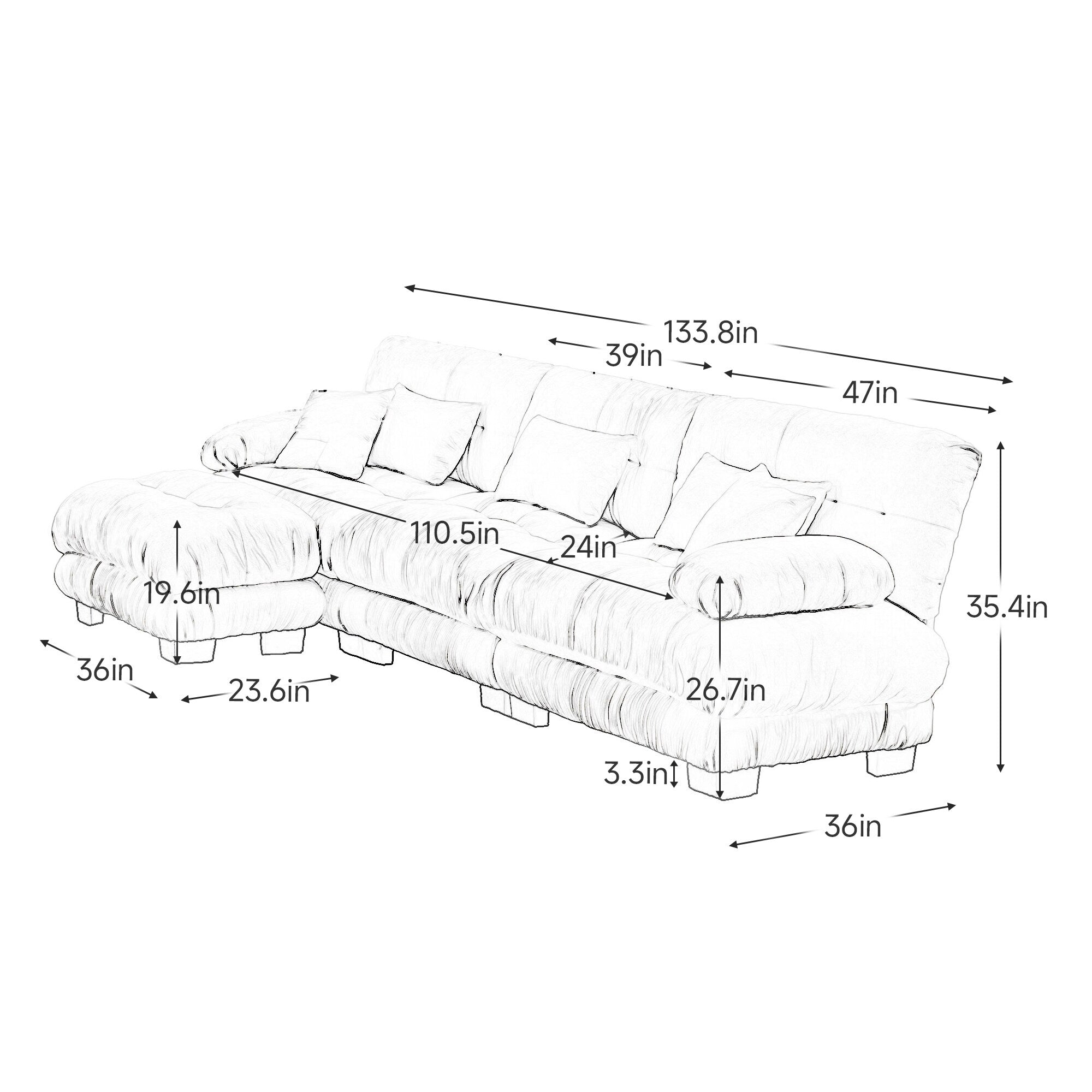 Canapé d'angle modulable 3 places, canapé profond en forme de L avec pouf convertible pour salon