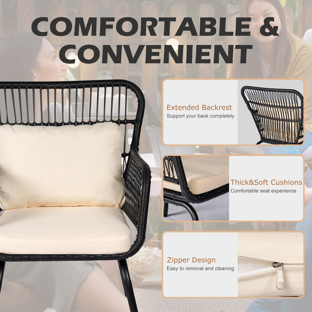 Ensemble bistro de conversation en résine tressée 3 pièces pour extérieur, mobilier de patio en rotin résistant aux intempéries avec coussins