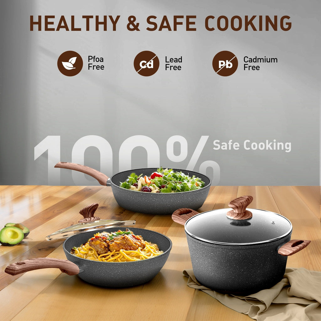 Ensemble de 30 pièces de cuisine en granit, comprenant des casseroles et des poêles antiadhésives.