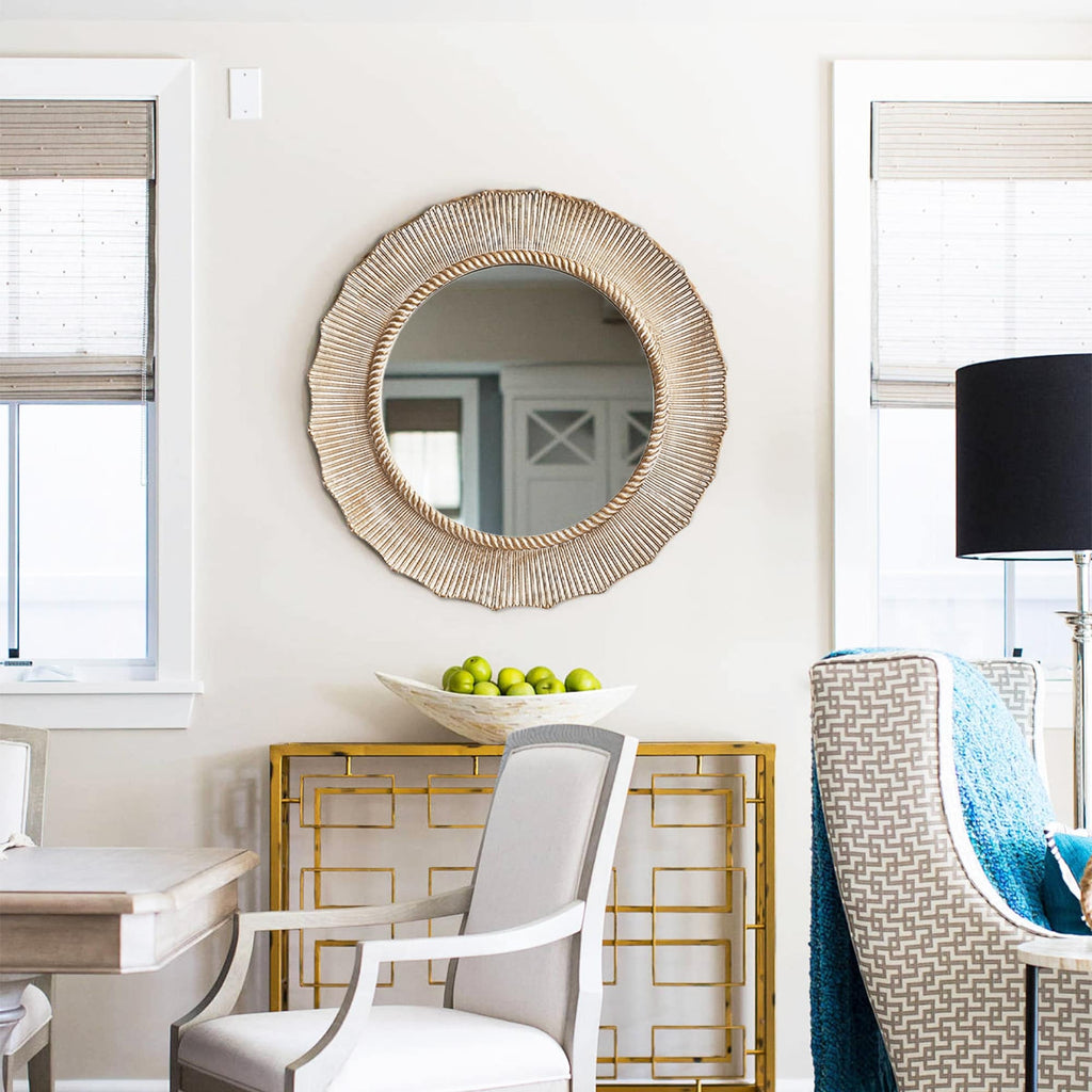 Miroir mural décoratif rond en bois beige bohème de 76 cm pour salle de bain