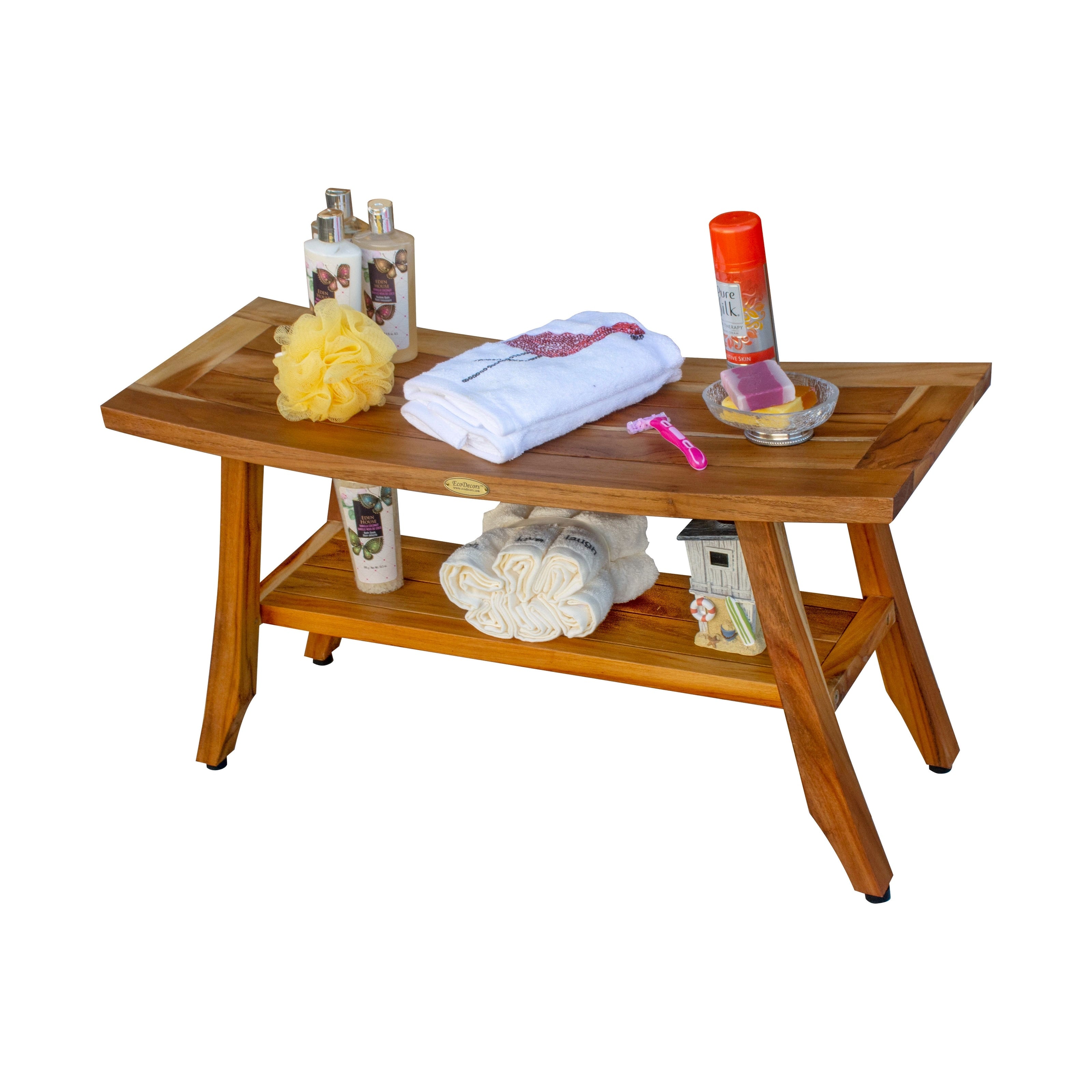 EcoDecors Satori, banc de douche en teck de 86 cm, banc en bois, banc de salle de bain, siège de douche pour adultes, tabouret de douche en teck